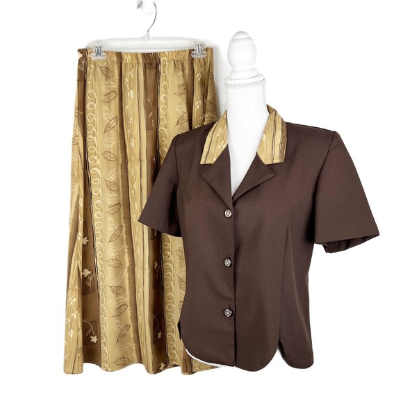 Elisabeth Skirt Set Women 14 Petite Brown Short Sleeve Button Up Maxi Career - Picture 1 of 14